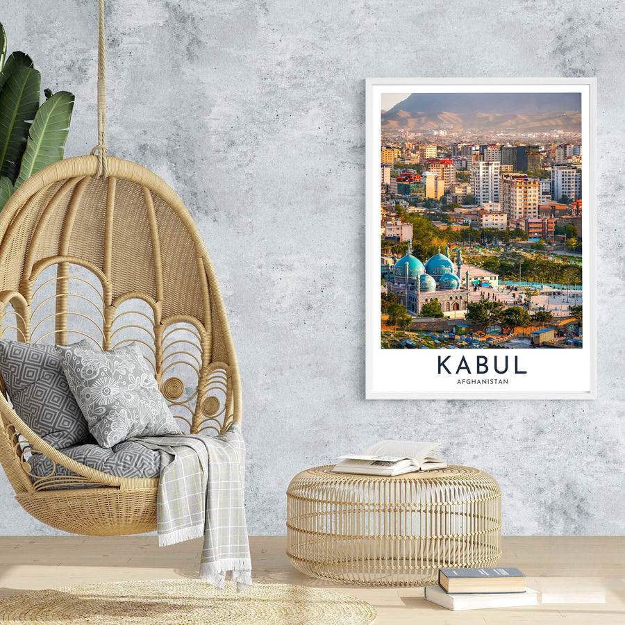 High altitude cityscape photograph print of Kabul Afghanistan featuring bright rooftops, blue domes, and mountain peaks, supplied by MapYourDreams as an unframed paper print, stretched canvas wall art, or custom framed wall decor for vibrant bedroom gallery wall arrangements.