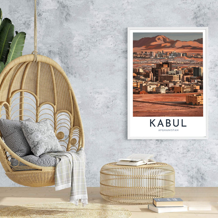High altitude graphic cityscape print of Kabul Afghanistan featuring warm building silhouettes and sharp peak outlines, supplied by MapYourDreams as an unframed paper print, stretched canvas wall art, or custom framed wall decor for vibrant bedroom gallery wall arrangements.