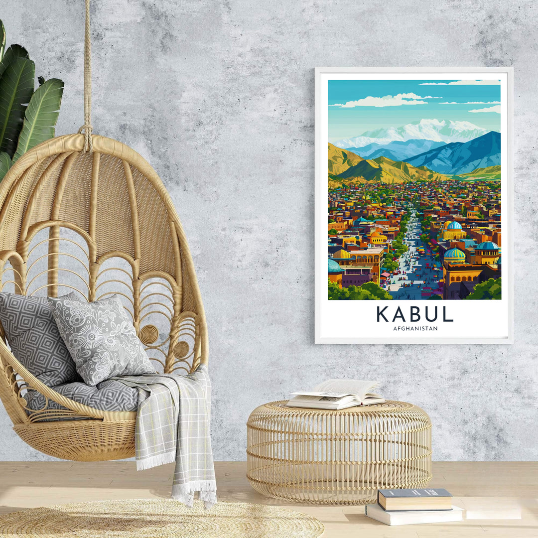 High valley cityscape illustration print of Kabul Afghanistan featuring warm building tones and crisp Hindu Kush peak outlines, supplied by MapYourDreams as an unframed paper print, stretched canvas wall art, or custom framed wall decor for vibrant bedroom gallery wall arrangements.