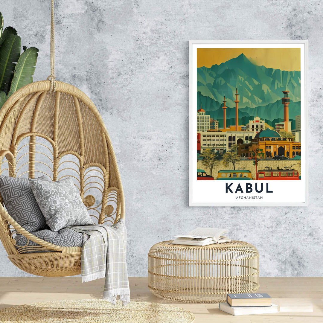 Travel destination retro print depicting Kabul, Afghanistan, framed by towering mountain peaks and golden skies. Presented by MapYourDreams as an unframed paper print, a gallery canvas, or a custom framed decor piece in black, natural wood, and white frames for creative studio spaces.