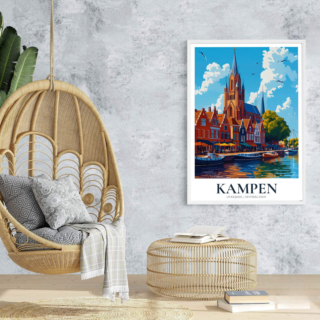 Vibrant retro city poster of Kampen Overijssel Netherlands showcasing historic church towers and coastal skies, offered at MapYourDreams with options for unframed paper prints, gallery-quality stretched canvas, or custom frame finishes for bright home interior arrangements.