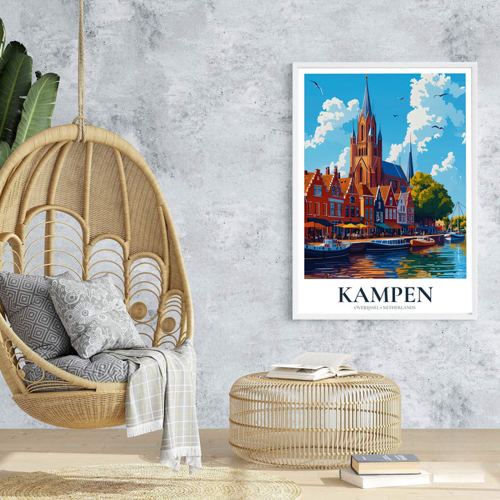 Vibrant retro city poster of Kampen Overijssel Netherlands showcasing historic church towers and coastal skies, offered at MapYourDreams with options for unframed paper prints, gallery-quality stretched canvas, or custom frame finishes for bright home interior arrangements.