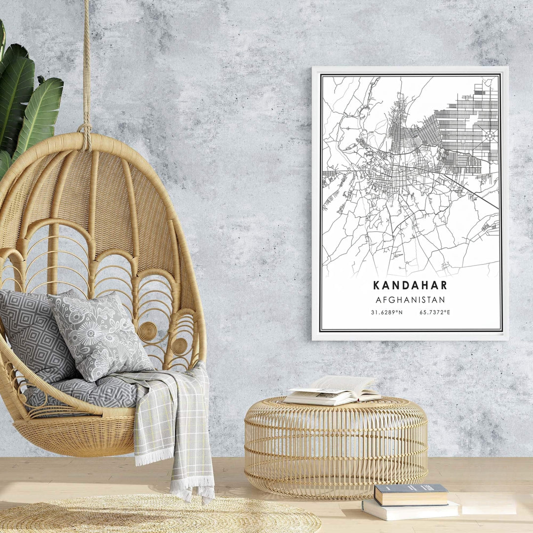 Modern city map illustration print of Kandahar, Afghanistan, featuring fine black vector street lines set on a pure white background. Supplied by MapYourDreams as an unframed paper print, a stretched canvas wall art piece, or a custom framed wall decor item for minimalist gallery walls.