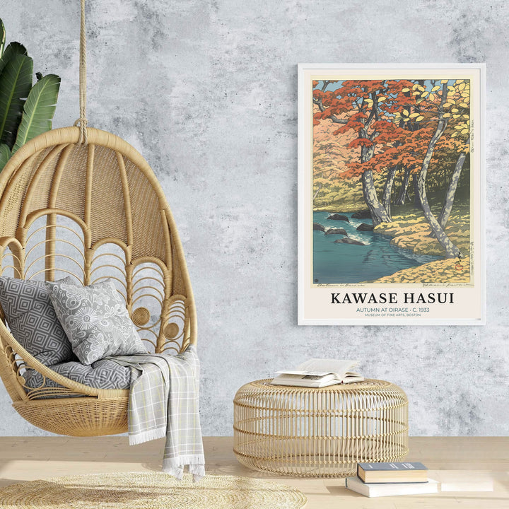Yellow ginkgo tree vintage Japanese wall art Autumn at Oirase by artist Kawase Hasui showing forest stream backdrop at Oirase Mountain Stream. Browse archival framed, unframed, and canvas poster choices at MapYourDreams.