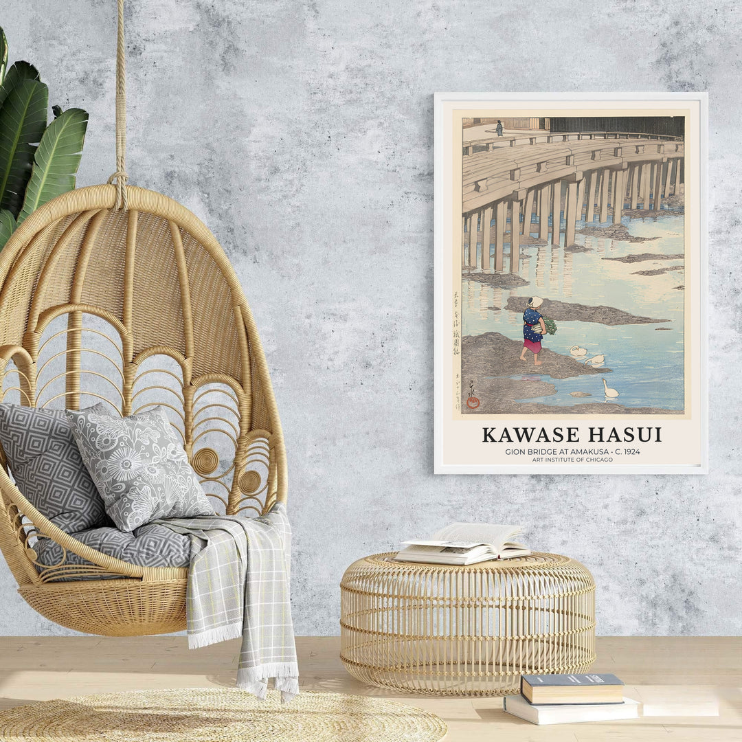 Soft aqua water reflection vintage Japanese wall art Gion Bridge at Amakusa by artist Kawase Hasui showing river backdrop at Gion Bridge in Amakusa. Browse archival framed, unframed, and canvas poster choices at MapYourDreams.