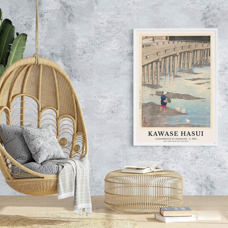 Soft aqua water reflection vintage Japanese wall art Gion Bridge at Amakusa by artist Kawase Hasui showing river backdrop at Gion Bridge in Amakusa. Browse archival framed, unframed, and canvas poster choices at MapYourDreams.
