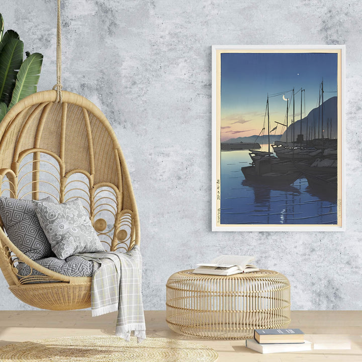 Indigo sky reflection vintage Japanese wall art Morning in Beppu by artist Kawase Hasui showing calm bay backdrop at Morning in Beppu. Browse archival framed, unframed, and canvas poster choices at MapYourDreams.