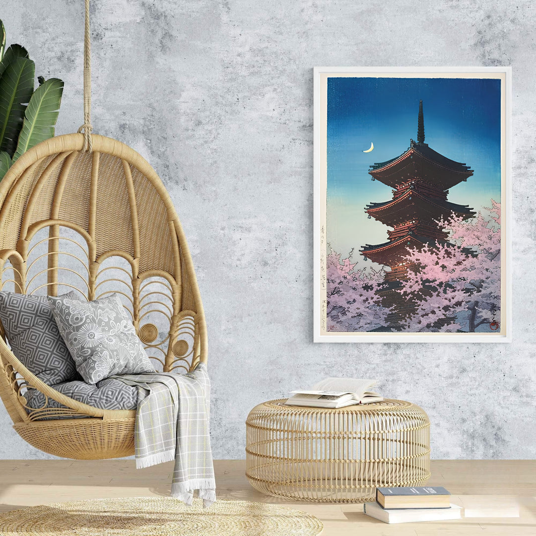 Indigo sky reflection vintage Japanese wall art Spring Evening Ueno by artist Kawase Hasui showing Ueno Park backdrop at Spring Evening Ueno. Browse archival framed, unframed, and canvas poster choices at MapYourDreams.