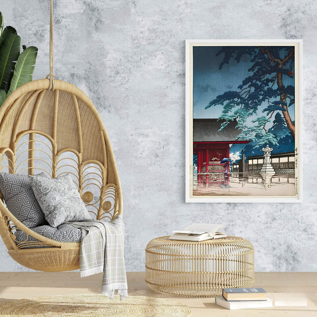 Blue rain sky reflection vintage Japanese wall art Spring Rain Gokokuji Temple by artist Kawase Hasui showing courtyard backdrop at Spring Rain Gokokuji Temple. Browse archival framed, unframed, and canvas poster choices at MapYourDreams.