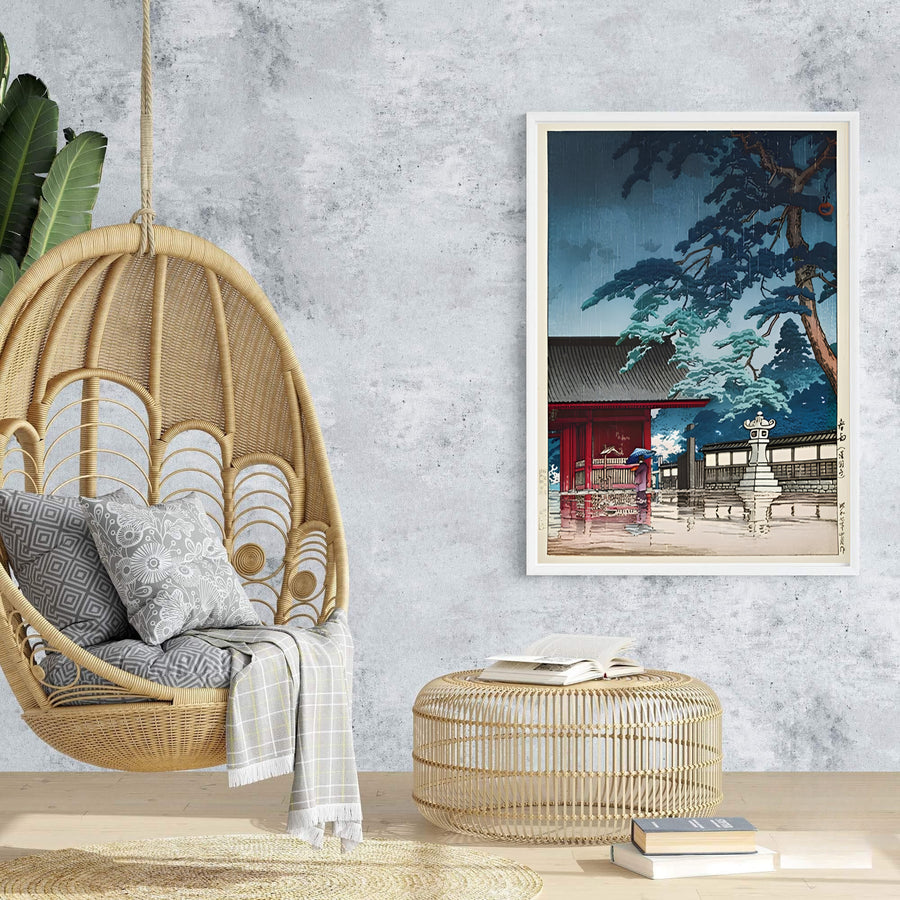 Blue rain sky reflection vintage Japanese wall art Spring Rain Gokokuji Temple by artist Kawase Hasui showing courtyard backdrop at Spring Rain Gokokuji Temple. Browse archival framed, unframed, and canvas poster choices at MapYourDreams.