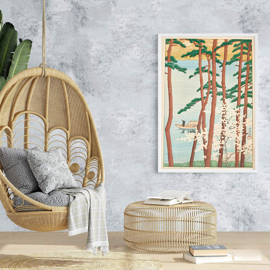 Aqua water reflection vintage Japanese wall art Spring at Arashiyama Kyoto by artist Kawase Hasui showing golden hill backdrop at Spring at Arashiyama Kyoto. Browse archival framed, unframed, and canvas poster choices at MapYourDreams.
