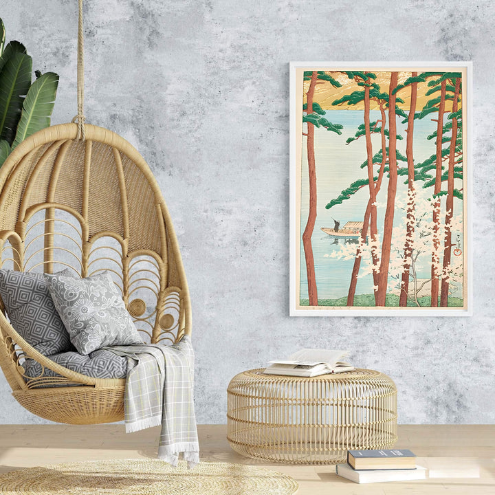 Aqua water reflection vintage Japanese wall art Spring at Arashiyama Kyoto by artist Kawase Hasui showing golden hill backdrop at Spring at Arashiyama Kyoto. Browse archival framed, unframed, and canvas poster choices at MapYourDreams.