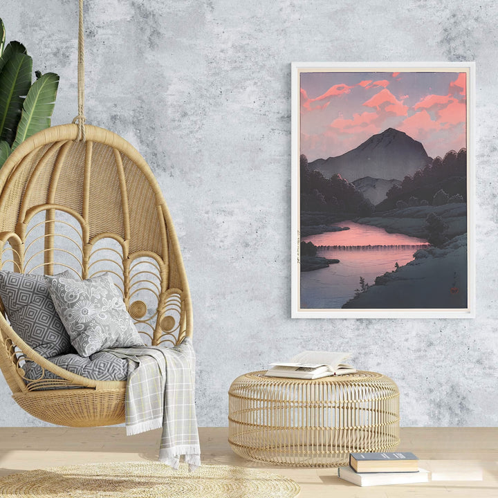 Coral twilight reflection vintage Japanese wall art Sunset at Oirase by artist Kawase Hasui showing mountain valley backdrop at Sunset at Oirase. Browse archival framed, unframed, and canvas poster choices at MapYourDreams.