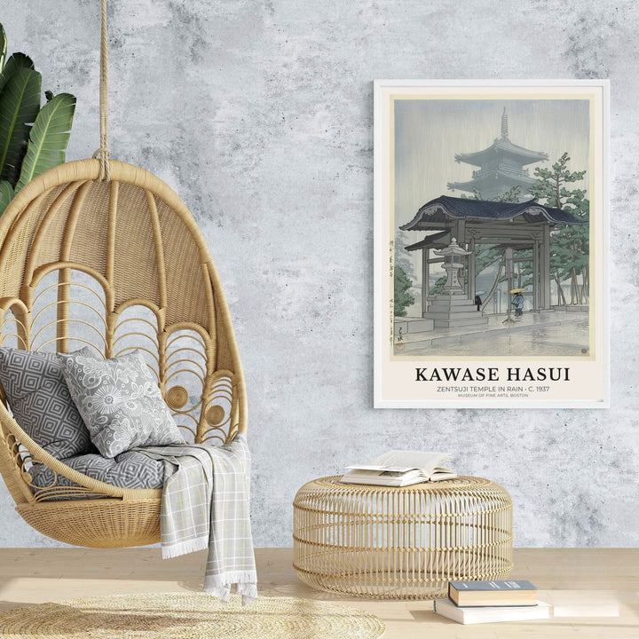 Slate grey rain mist vintage Japanese wall art Zentsuji Temple by artist Kawase Hasui showing courtyard backdrop at Zentsuji Temple. Browse archival framed, unframed, and canvas poster choices at MapYourDreams.