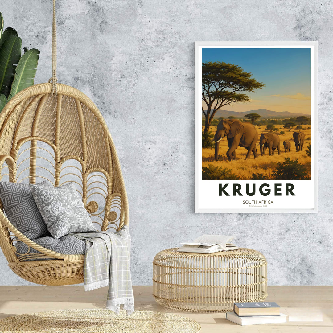 African wildlife travel poster illustration featuring wild elephants walking through Kruger National Park terrain. Offered by MapYourDreams, this artwork is available in flexible options including unframed paper, custom wooden frames, and gallery canvas wraps for stunning home wall art.