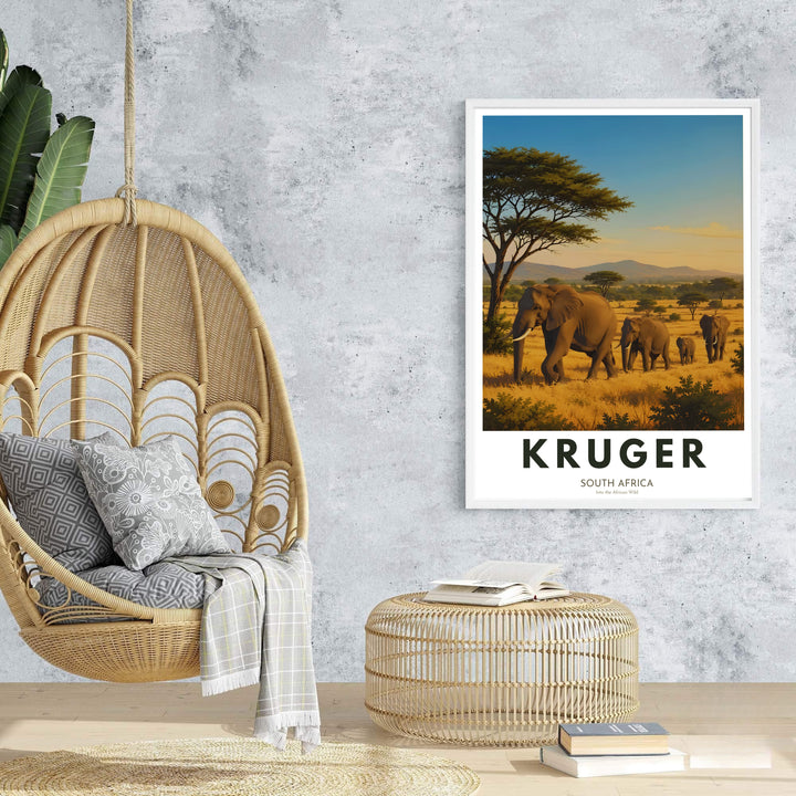 African wildlife travel poster illustration featuring wild elephants walking through Kruger National Park terrain. Offered by MapYourDreams, this artwork is available in flexible options including unframed paper, custom wooden frames, and gallery canvas wraps for stunning home wall art.