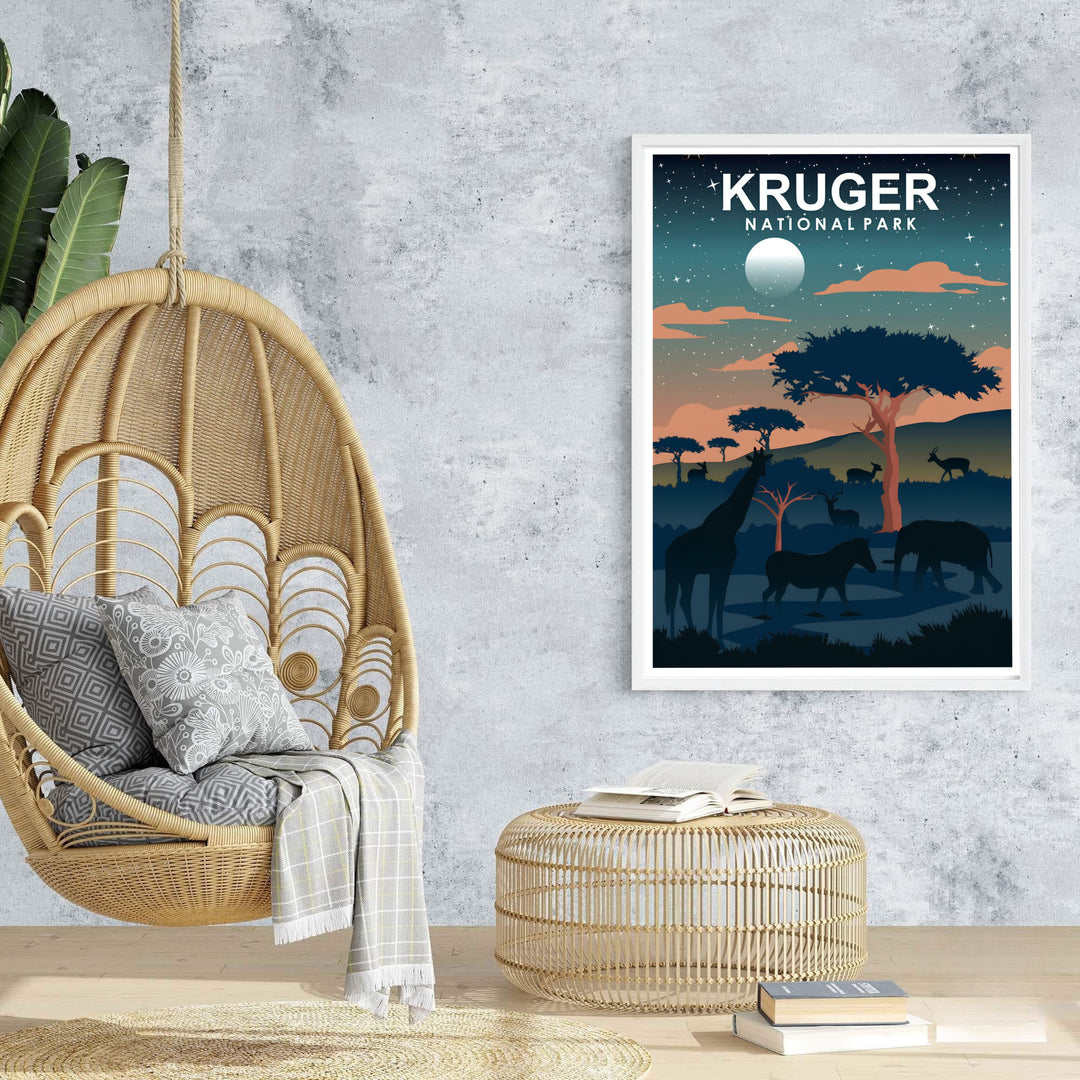Modern retro night safari print depicting South African wildlife under a moonlit sky during twilight dusk in the bushveld. Offered by MapYourDreams, this artwork is available in flexible options including unframed paper, custom wooden frames, and gallery canvas setups for living room decor.