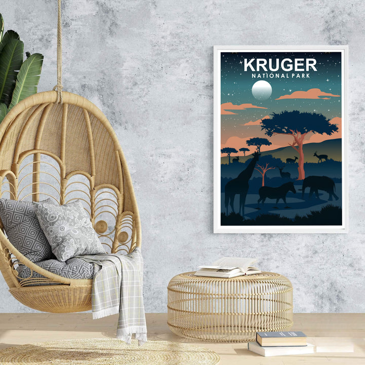 Modern retro night safari print depicting South African wildlife under a moonlit sky during twilight dusk in the bushveld. Offered by MapYourDreams, this artwork is available in flexible options including unframed paper, custom wooden frames, and gallery canvas setups for living room decor.