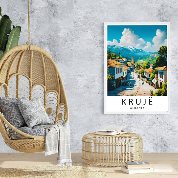 Majestic Balkan mountain peaks rise behind the rooftop panorama of Krujë in this retro-inspired European architectural travel poster. Offered in customizable options such as archival paper, wood framing, and stretched canvas wraps.