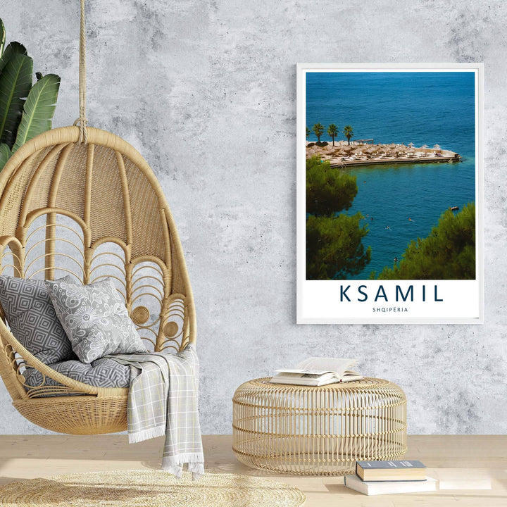 Majestic coastal waters spread out beneath the sunlit resort panorama of Ksamil in this retro-inspired European beach travel poster. Offered in customizable options such as archival paper, wood framing, and stretched canvas wraps.