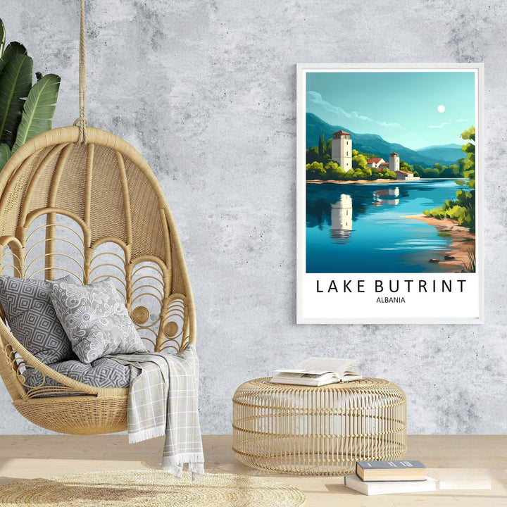 Majestic coastal hills rise behind the sunlit waters of Lake Butrint in this retro-inspired European travel poster. Offered in customizable options such as archival paper, wood framing, and stretched canvas wraps.