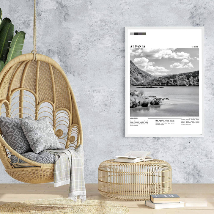 Majestic mountain ridges rise behind the tranquil waters of Lake Koman in this retro-inspired editorial European travel poster. Offered in customizable options such as archival paper, wood framing, and stretched canvas wraps.