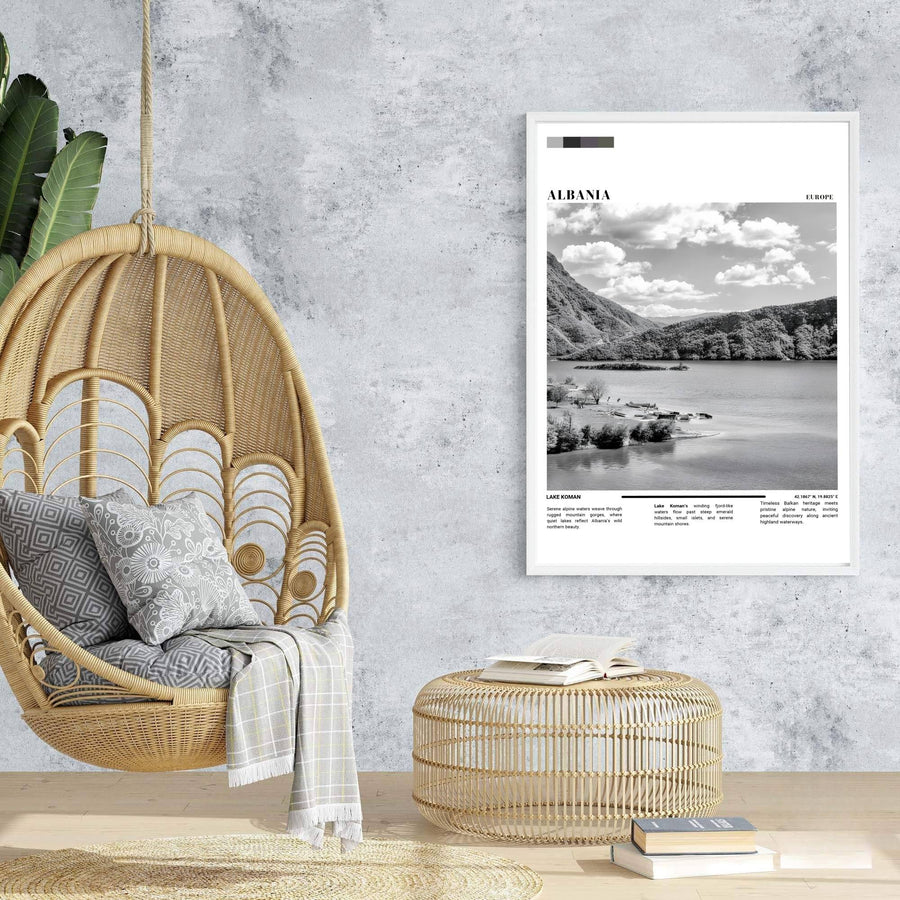 Majestic mountain ridges rise behind the tranquil waters of Lake Koman in this retro-inspired editorial European travel poster. Offered in customizable options such as archival paper, wood framing, and stretched canvas wraps.