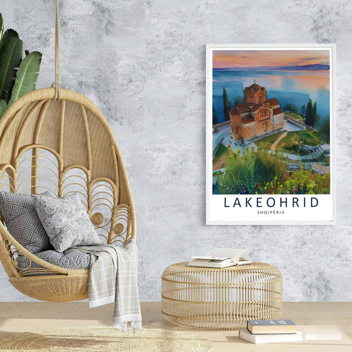 Majestic Balkan lake waters spread out beneath the glowing sunset panorama of St. John Kaneo in this retro-inspired European travel poster. Offered in customizable options such as archival paper, wood framing, and stretched canvas wraps.