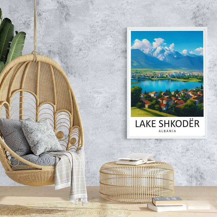 Majestic limestone peaks rise behind the sunlit waters of Lake Shkodër in this retro-inspired European travel poster. Offered in customizable options such as archival paper, wood framing, and stretched canvas wraps.