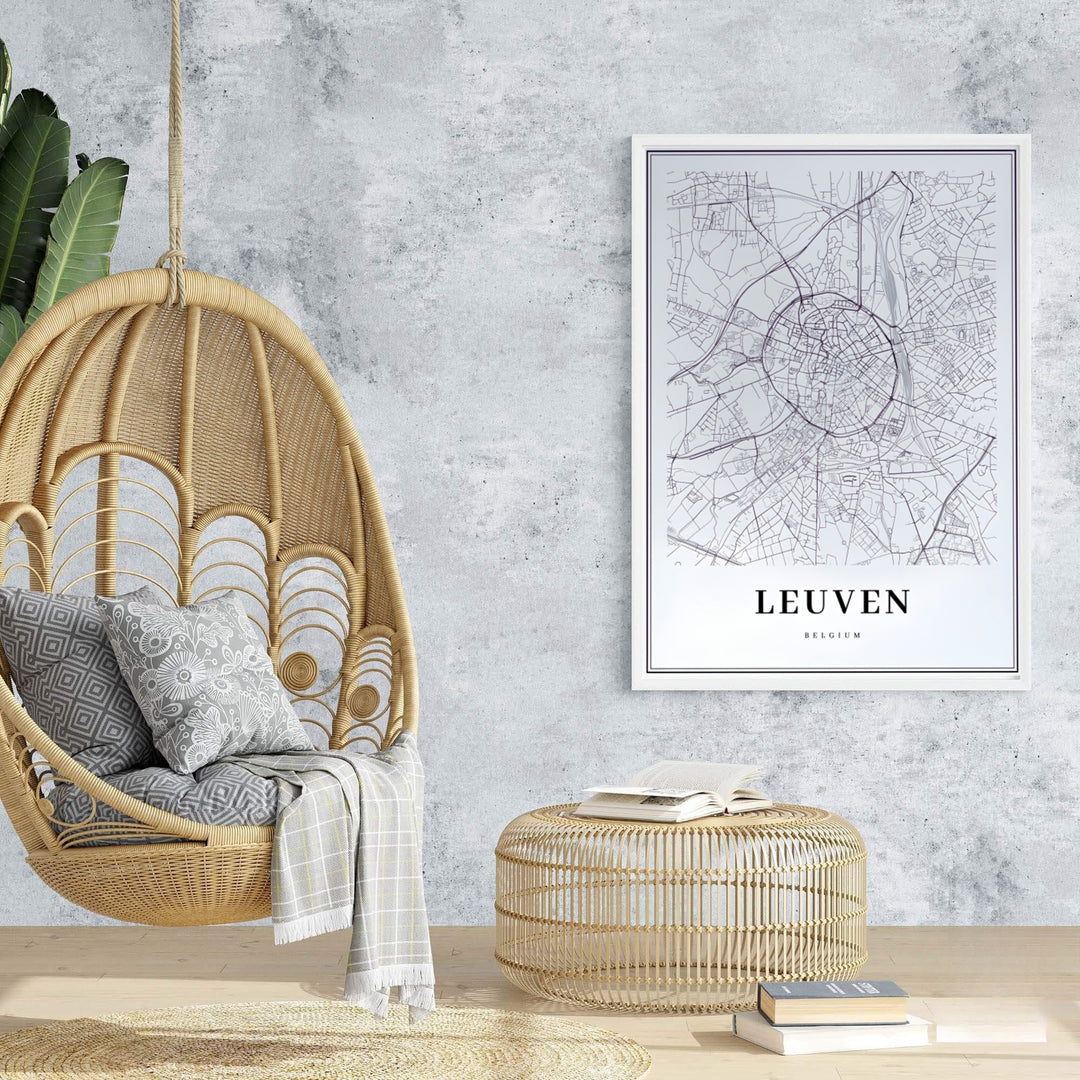 Modern black and white map graphic art highlighting the urban infrastructure of Leuven, Belgium. Offered by MapYourDreams, this artwork is available in flexible options including unframed paper, custom wooden frames, and gallery canvas wraps.