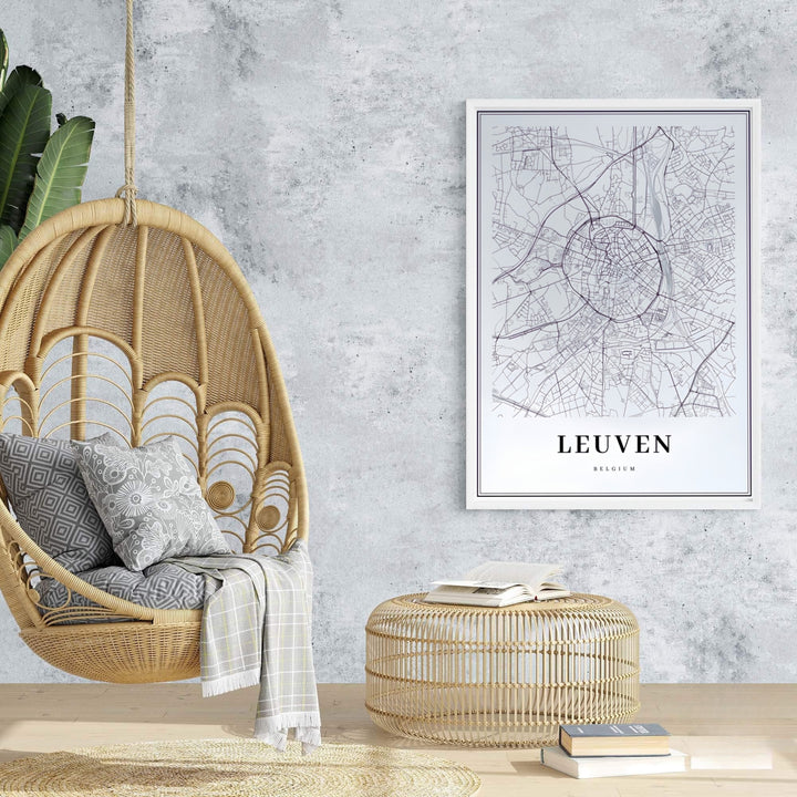 Modern black and white map graphic art highlighting the urban infrastructure of Leuven, Belgium. Offered by MapYourDreams, this artwork is available in flexible options including unframed paper, custom wooden frames, and gallery canvas wraps.