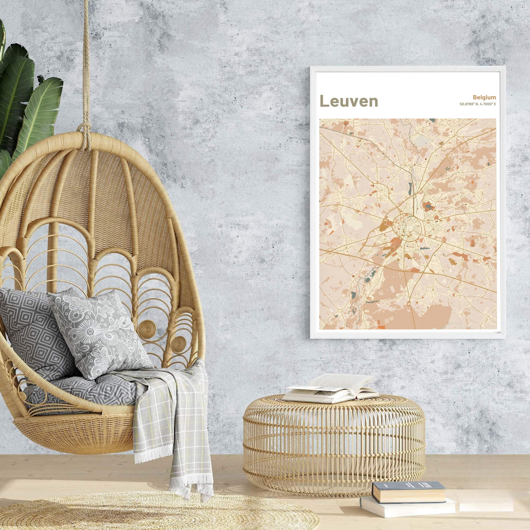 Modern warm tone map graphic art highlighting the urban infrastructure of Leuven, Belgium. Offered by MapYourDreams, this artwork is available in flexible options including unframed paper, custom wooden frames, and gallery canvas wraps.