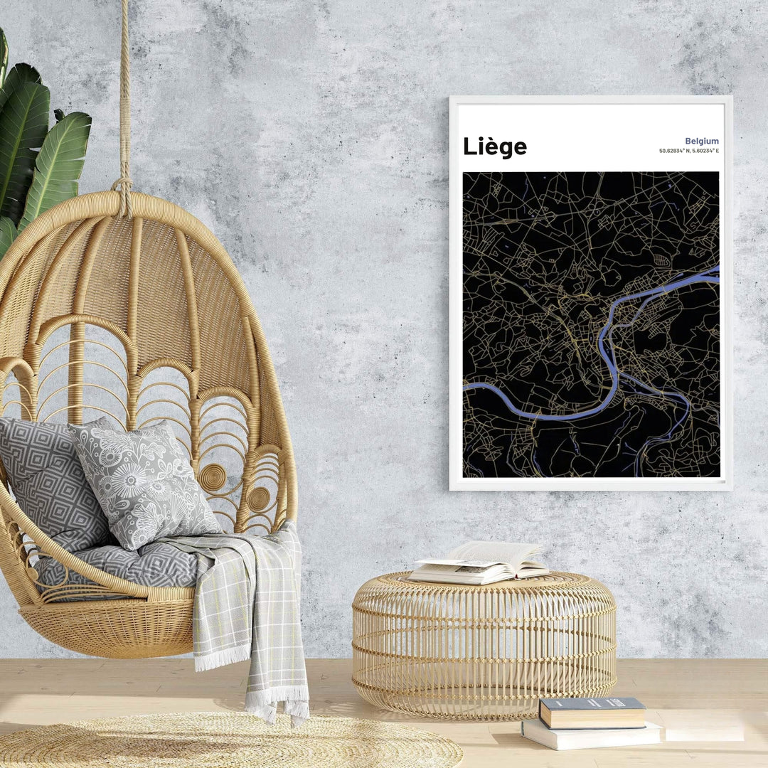 Modern dark mode map graphic art highlighting the urban infrastructure of Liège, Belgium. Offered by MapYourDreams, this artwork is available in flexible options including unframed paper, custom wooden frames, and gallery canvas wraps.