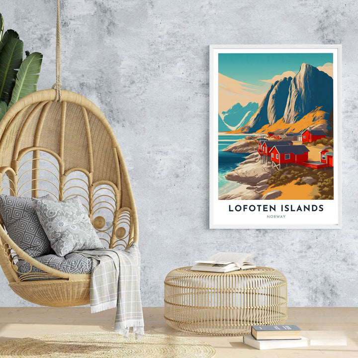 Vibrant travel poster art of Lofoten Islands Norway featuring mountain peaks, blue waters, and clean typography. Ideal for creating a nature gallery wall, available in customizable configurations such as unframed art prints, canvas gallery wraps, and durable framed artwork.
