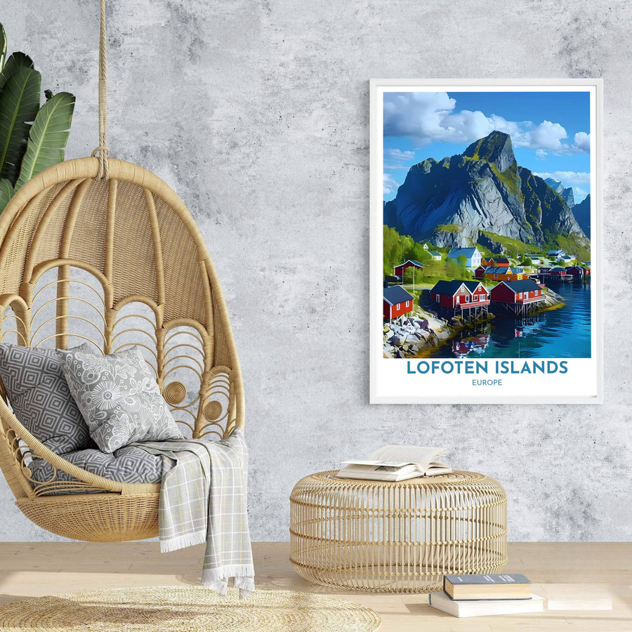 Travel poster of Lofoten Islands featuring Hamnoy shore under bright summer daylight with traditional fishing cabins and clear waters. Prepared by MapYourDreams, this artwork is available in flexible options including unframed paper, custom wooden frames, and gallery canvas wraps for chic home decor.