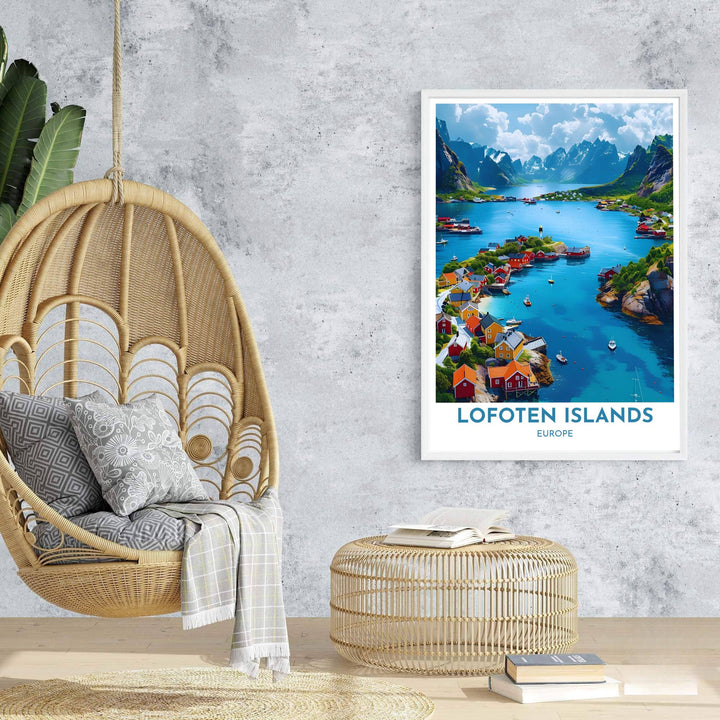 Travel poster of Lofoten Islands featuring Henningsvaer harbor under bright summer daylight with traditional fishing cabins and clear waters. Prepared by MapYourDreams, this artwork is available in flexible options including unframed paper, custom wooden frames, and gallery canvas wraps for chic home decor.
