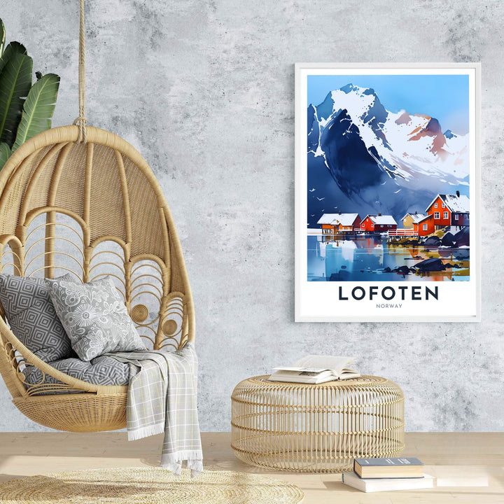 Vibrant watercolor travel poster art of Lofoten Norway featuring mountain peaks, blue waters, and clean typography. Ideal for creating a nature gallery wall, available in customizable configurations such as unframed art prints, canvas gallery wraps, and durable framed artwork.