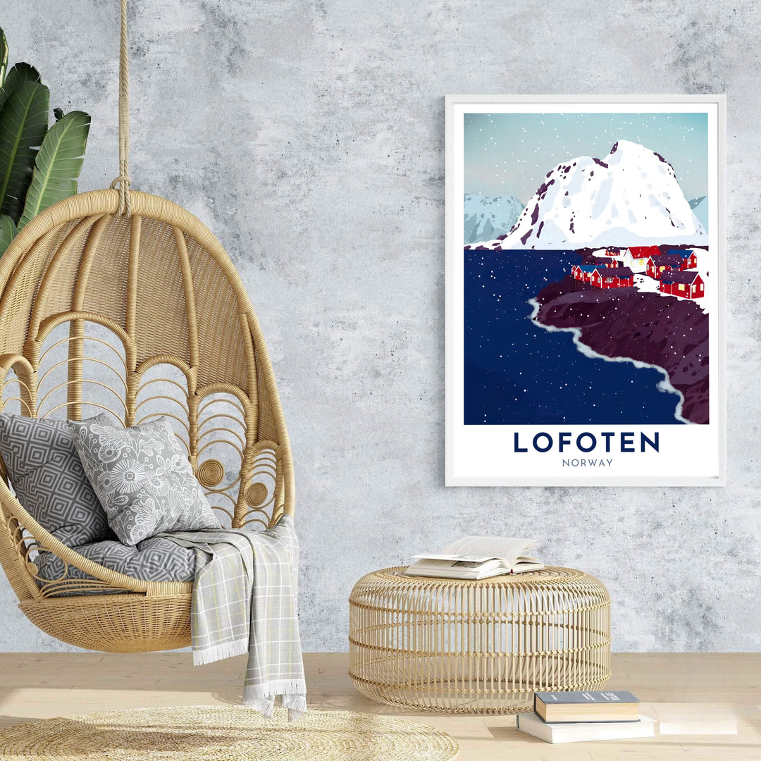 Vibrant graphic travel poster art of Lofoten Norway featuring a towering white peak, snowfall, dark blue waters, and clean typography. Ideal for creating a nature gallery wall, available in customizable configurations such as unframed art prints, canvas gallery wraps, and durable framed artwork.