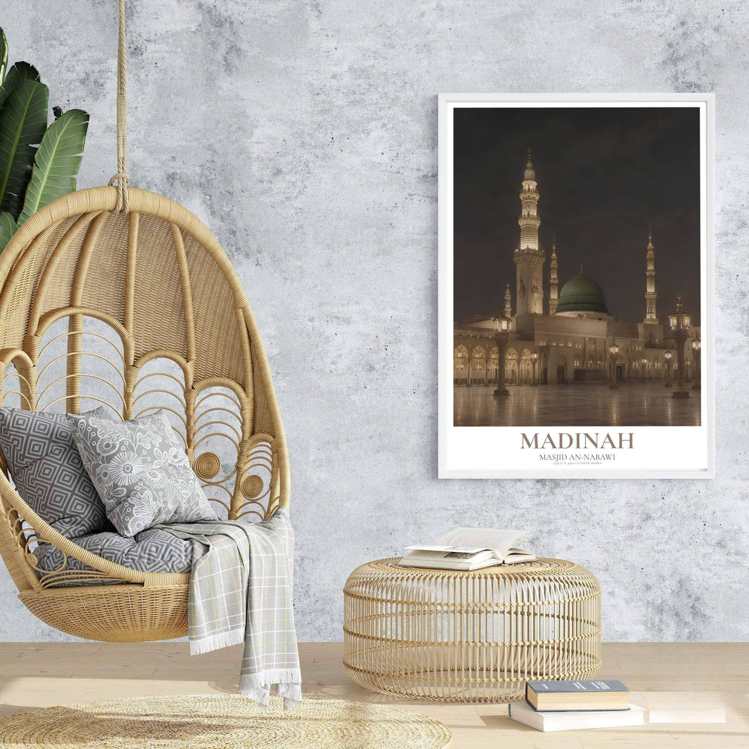 Travel poster of Madinah featuring the Prophet Mosque Green Dome under evening illumination with elegant lantern reflections. Prepared by MapYourDreams, this artwork is available in flexible options including unframed paper, custom wooden frames, and gallery canvas wraps for chic home decor.