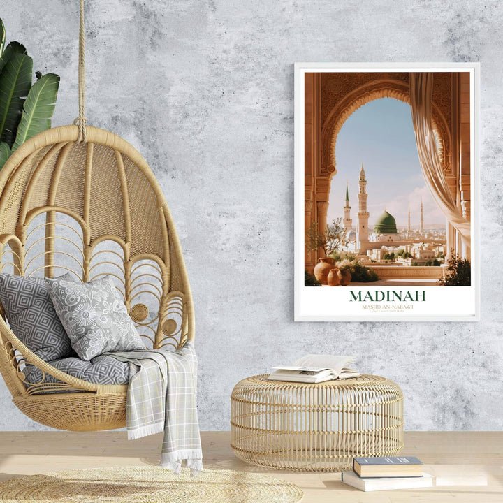 Travel poster of Madinah featuring the Prophet Mosque Green Dome framed through a decorated balcony arch with olive trees. Prepared by MapYourDreams, this artwork is available in flexible options including unframed paper, custom wooden frames, and gallery canvas wraps for chic home decor.