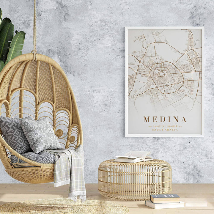 Travel poster of Medina featuring Medina city map layout in elegant brushed gold lines against an off-white background. Prepared by MapYourDreams, this artwork is available in flexible options including unframed paper, custom wooden frames, and gallery canvas wraps for chic home decor.