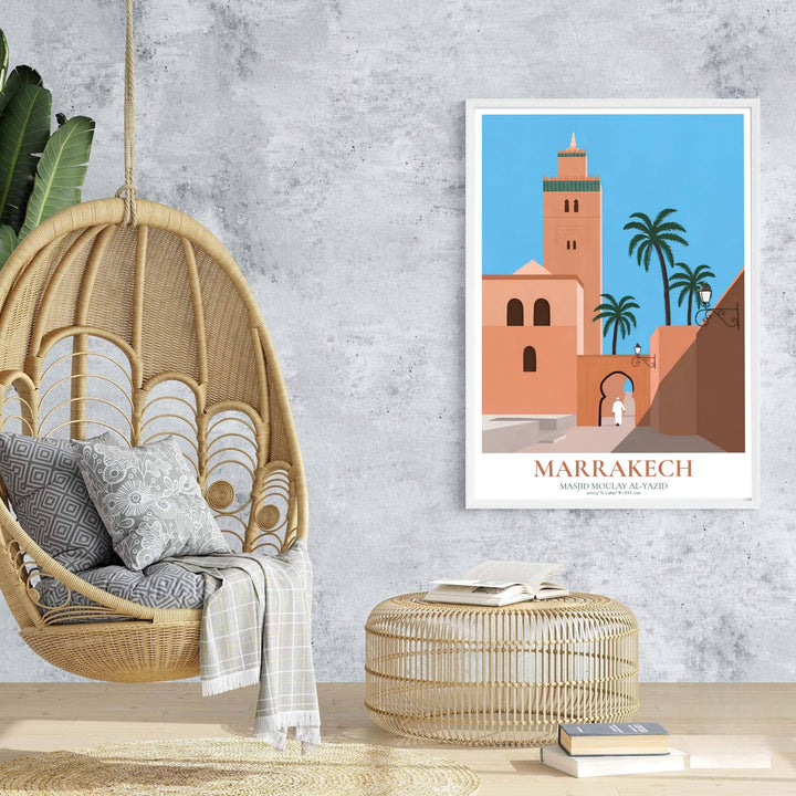 Travel poster of Marrakech Morocco featuring Kasbah Mosque under a clear blue sky with green palm tree silhouettes. Prepared by MapYourDreams, this artwork is available in flexible options including unframed paper, custom wooden frames, and gallery canvas wraps for chic home decor.