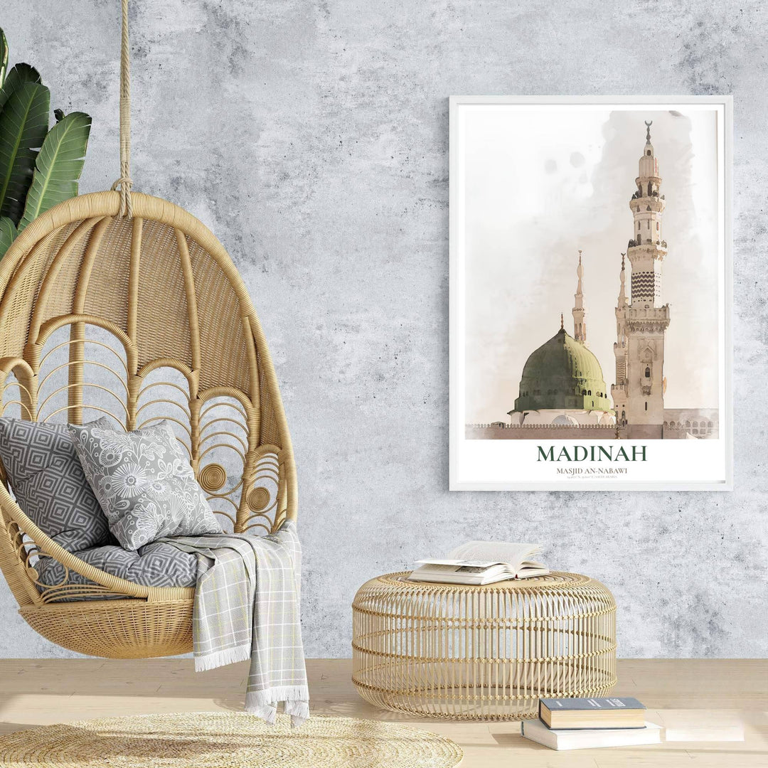 Travel poster of Medina featuring the Prophet Mosque Green Dome in elegant watercolor wash textures against a light background. Prepared by MapYourDreams, this artwork is available in flexible options including unframed paper, custom wooden frames, and gallery canvas wraps for chic home decor.