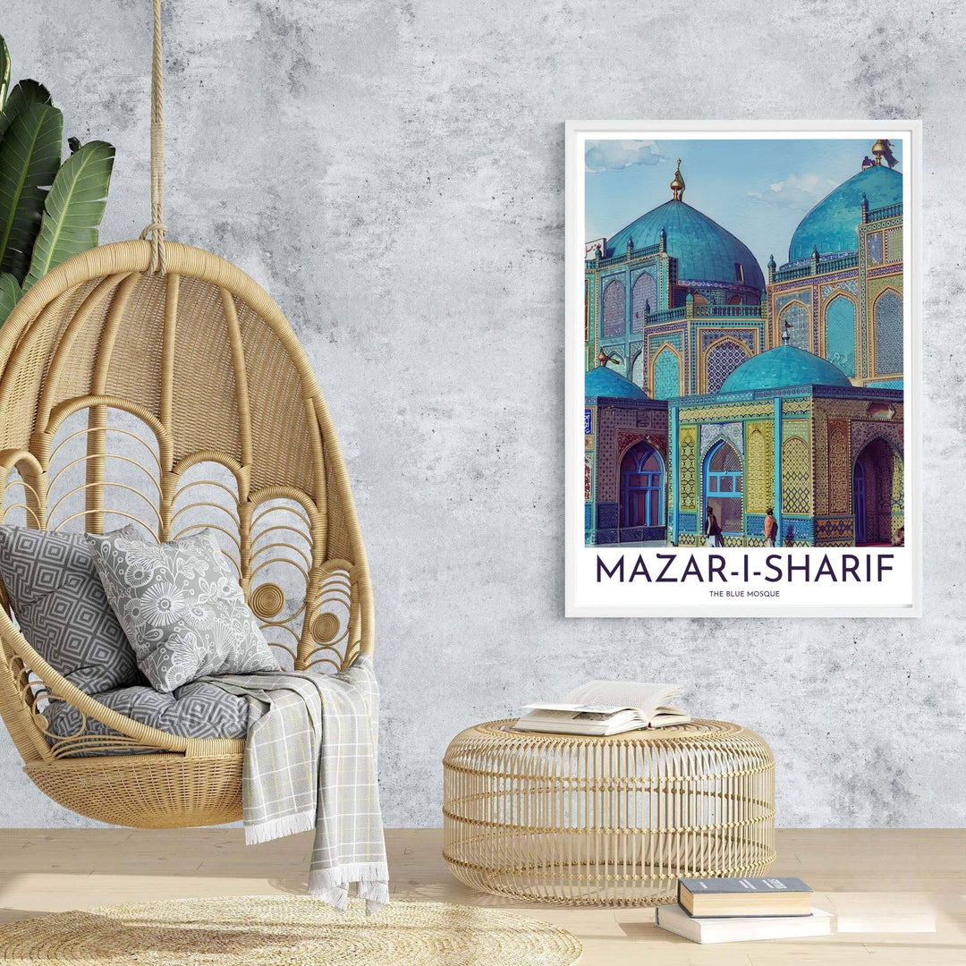Travel poster of Mazar-i-Sharif featuring the Shrine of Ali under bright daylight with detailed mosaic tilework and turquoise domes. Prepared by MapYourDreams, this artwork is available in flexible options including unframed paper, custom wooden frames, and gallery canvas wraps for chic home decor.