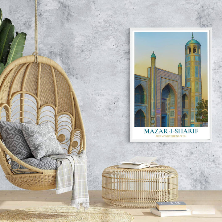 Travel poster of Mazar-i-Sharif featuring the Shrine of Ali under evening sunset light with detailed mosaic tilework. Prepared by MapYourDreams, this artwork is available in flexible options including unframed paper, custom wooden frames, and gallery canvas wraps for chic home decor.