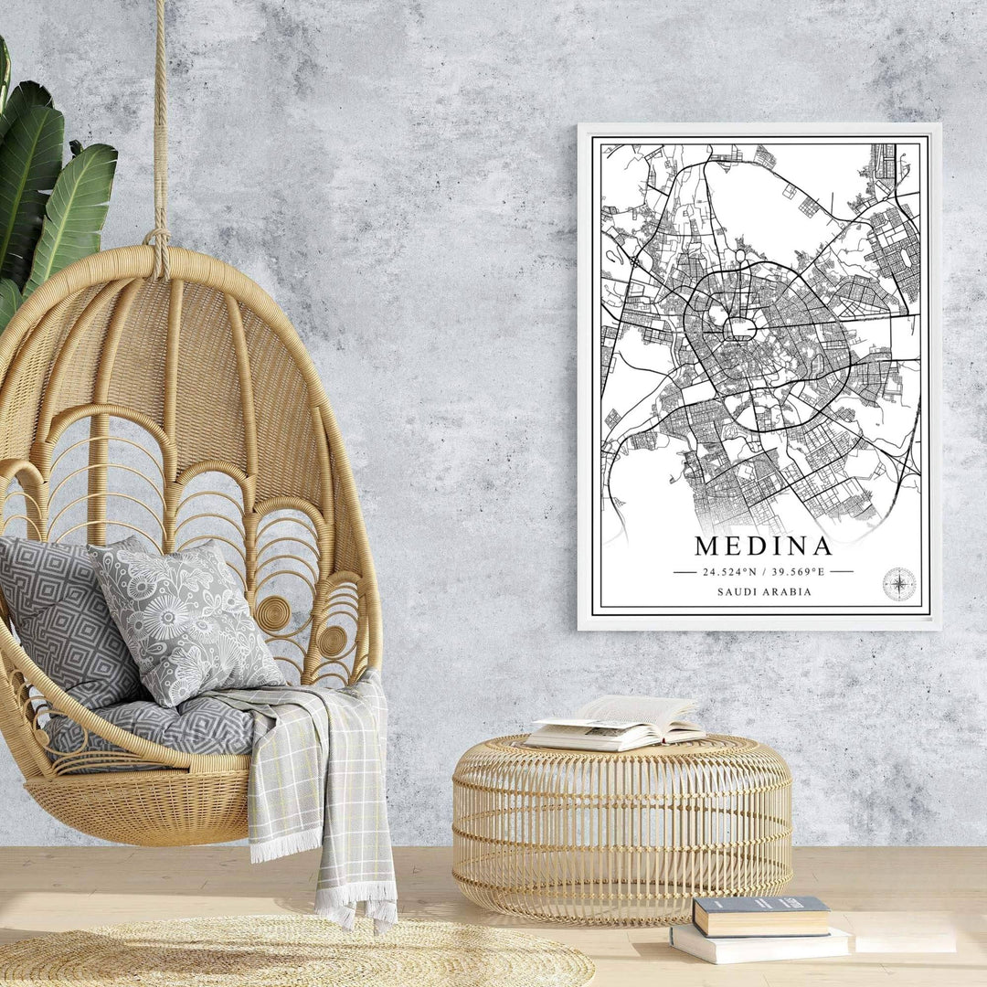 Travel poster of Medina featuring Medina city map layout in elegant black lines against a clean white background. Prepared by MapYourDreams, this artwork is available in flexible options including unframed paper, custom wooden frames, and gallery canvas wraps for chic home decor.
