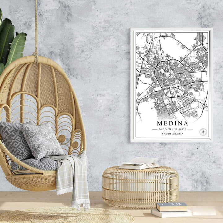 Travel poster of Medina featuring Medina city map layout in elegant black lines against a clean white background. Prepared by MapYourDreams, this artwork is available in flexible options including unframed paper, custom wooden frames, and gallery canvas wraps for chic home decor.