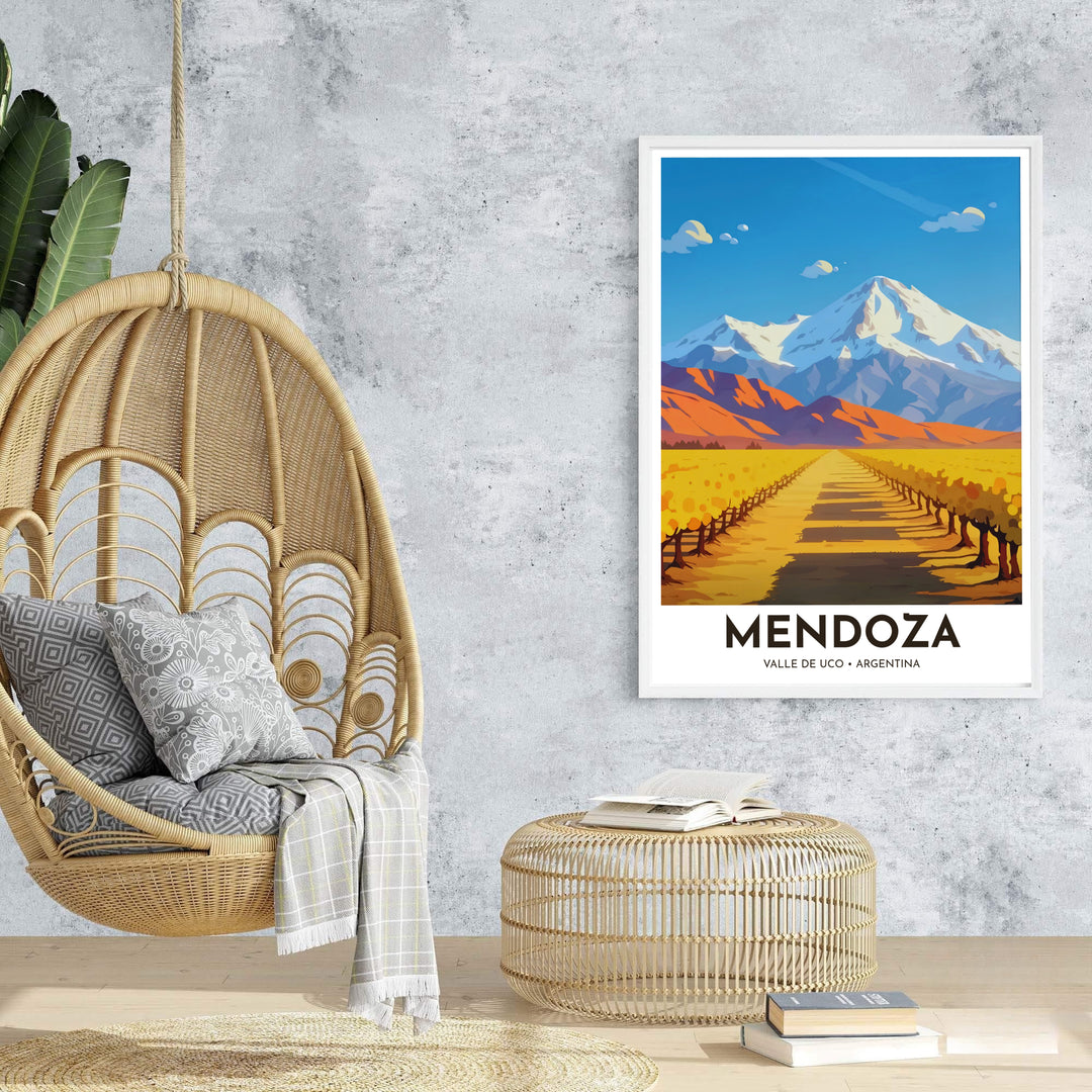 High-quality vineyard landscape print bringing warm sunshine, winemaking charm, and scenic mountain views into home interiors. An exclusive from MapYourDreams, you can select your preferred style from borderless paper prints, custom wooden framing, or gallery canvas wraps.
