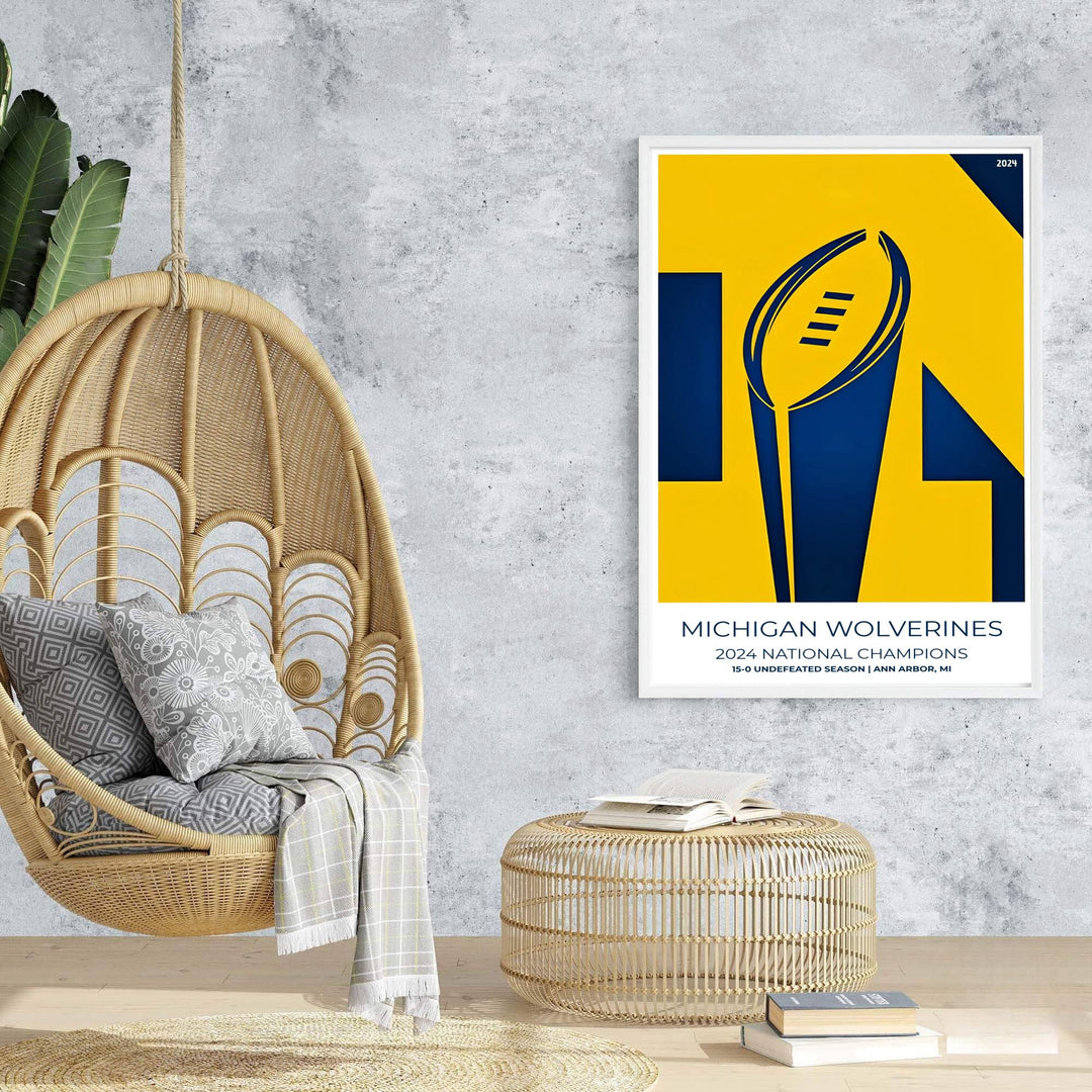 Wall art poster of Michigan Football featuring 2024 National Champions trophy graphics in vibrant yellow and dark navy blue. Prepared by MapYourDreams, this artwork is available in flexible options including unframed paper, custom wooden frames, and gallery canvas wraps for chic home decor.