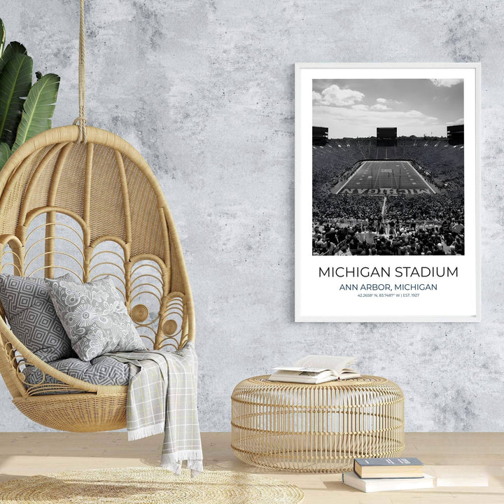 Fine art travel poster of Michigan Stadium with clean title text and subtitle reading ANN ARBOR MICHIGAN EST 1927. Provided by MapYourDreams, this artwork is available in flexible options including unframed paper, custom wooden frames, and gallery canvas wraps for contemporary setups.